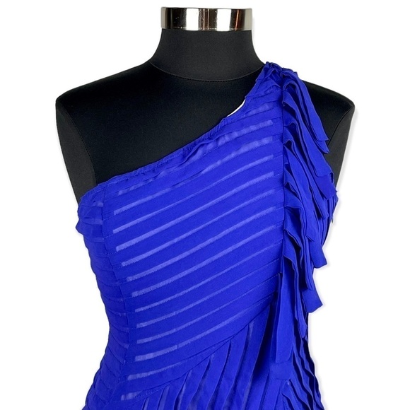 MINUET INDIGO ONE SHOULDER PLEATED FRINGE MINI DRESS - Picture 7 of 15